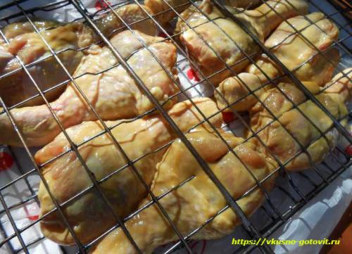 Куриная голень на мангале. Сочные куриные ножки на гриле на мангале в горчично-чесночном соусе с овощами